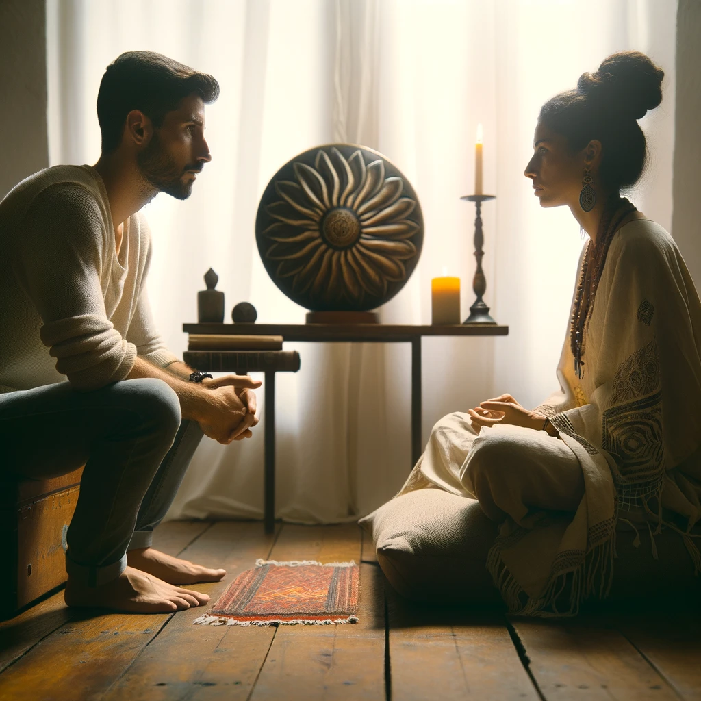 Hombre sentado en caja mirando a mujer meditando
