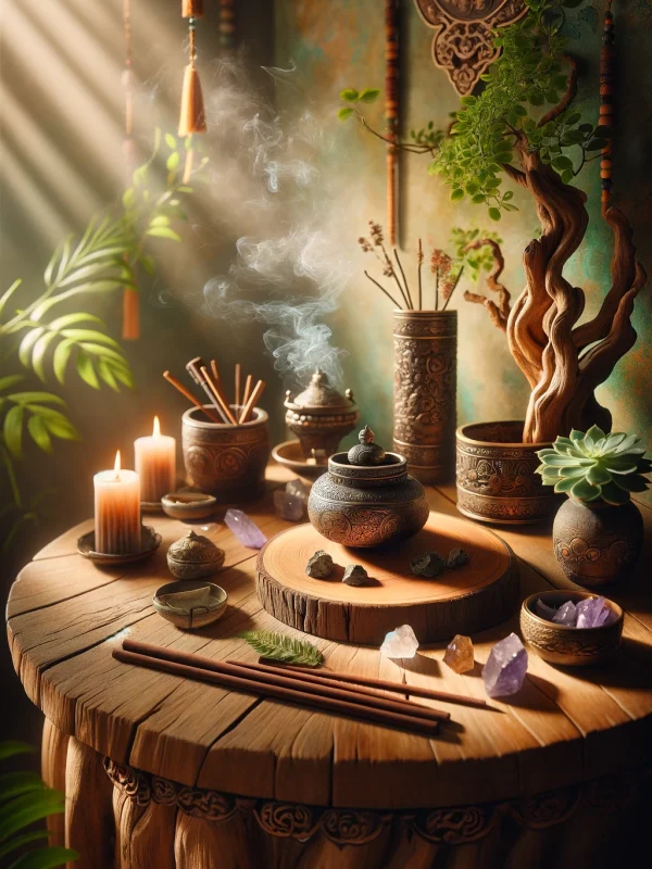 Mesa con productos de limpia esotérica