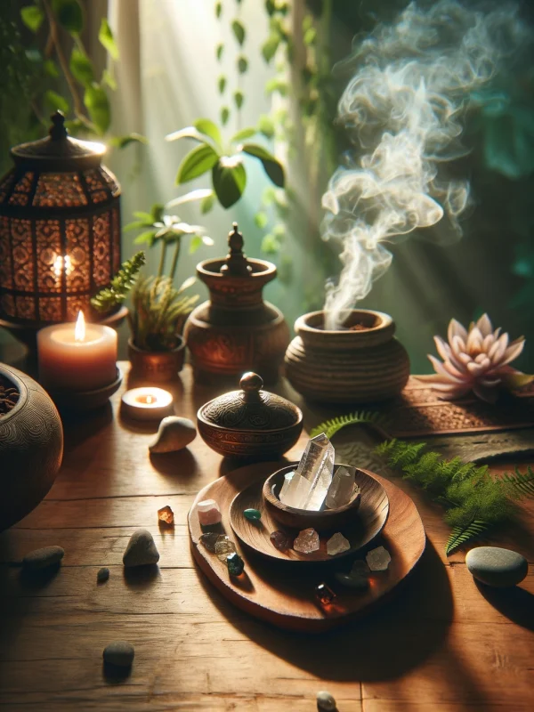 Mesa con productos de limpia esotérica y plantas de fondo