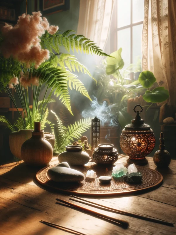 Mesa con productos de limpia esotérica, plantas y humo de fondo